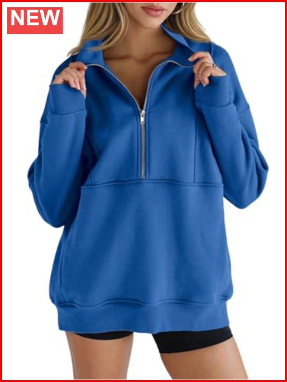 Fleece Half Zip Sweatshirt Oversized Pullover Thumb Hole Pockets